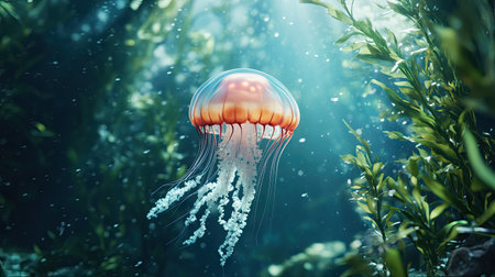 A jellyfish swimming among sea plants, with space around it for copy.の素材