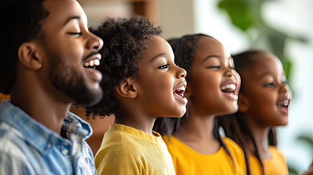 A family singing together at home with a clean background providing space for copyの素材