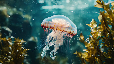 A jellyfish swimming among sea plants, with space around it for copy.の素材