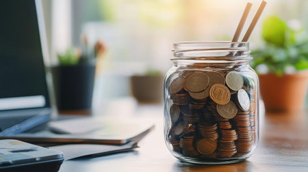 A glass jar filled with coins on a desk, with a wide-open background for copy. -の素材