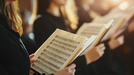A group of singers holding sheet music with a blank background for text placement.の素材