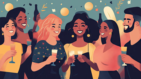 A group of people at a party, all smiling and enjoying themselves, with space around for text.の素材