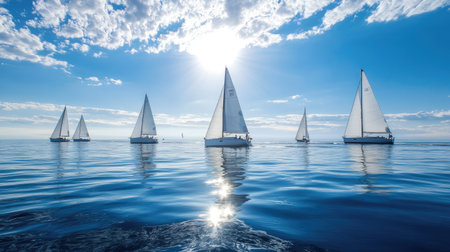 A group of sailboats racing in the distance, with the sky and sea offering copy space.の素材