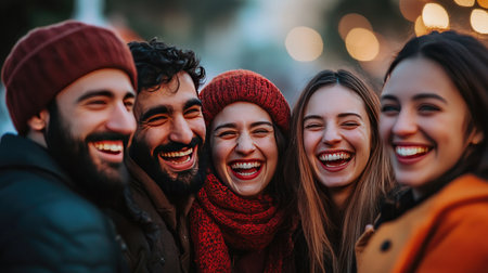 A group of friends smiling and laughing together, with a clean background for textの素材