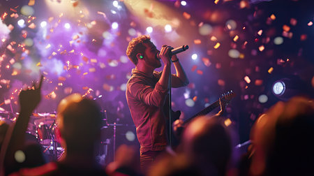 A live concert scene with a focus on singers and a clean background for adding text.の素材