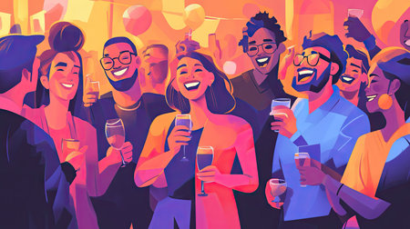 A group of people at a party, all smiling and enjoying themselves, with space around for text.の素材