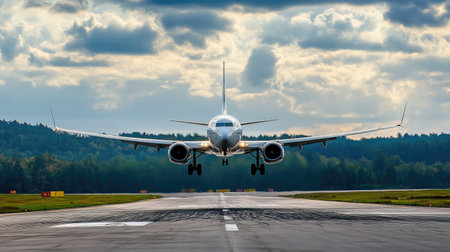 A jet aircraft approaching for landing with a clear horizon for copy space. -の素材