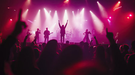 A live concert scene with a focus on singers and a clean background for adding text.の素材