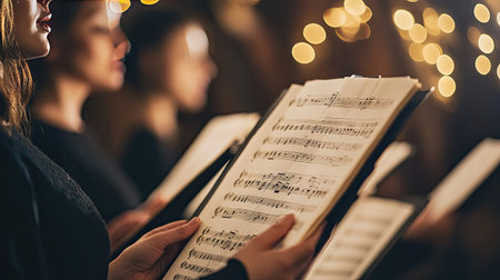 A group of singers holding sheet music with a blank background for text placement.の素材