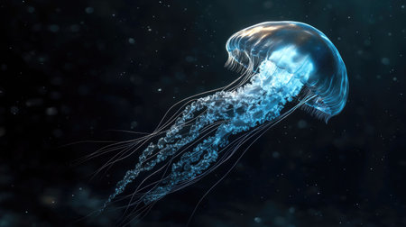 A large jellyfish floating majestically through the sea, with a dark background providing copy space. -の素材