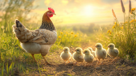 A mother hen guiding her chicks through a field, with a large open background for copy.の素材