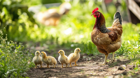 A mother hen and chicks exploring a garden, with ample room in the background for text.の素材