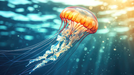 A jellyfish swimming upward towards the light, with room in the water and sky for text.の素材