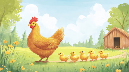 A hen leading her chicks toward the coop, with a clear farm scene providing space for text.の素材