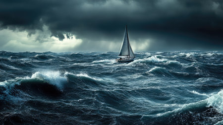 A lone sailboat navigating through choppy waters, with a stormy sky for text space.の素材