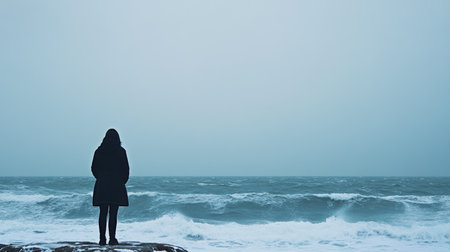 A person standing against a windy, cold sea with a clear horizon and room for text.の素材