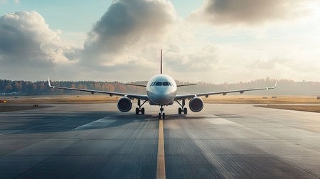 A passenger airplane taxiing on the runway with a clear horizon for text placement.の素材