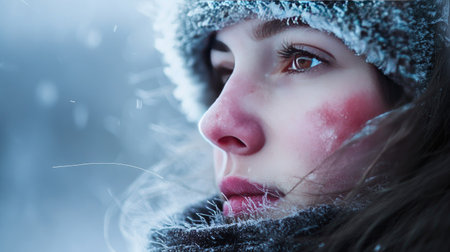 A person with red cheeks and a frosty breath, standing in a cold wind with a clear, empty background for text. -の素材