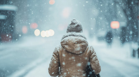 A person bundled up in winter clothes walking through a windy, snowy street, with an open background for text.の素材