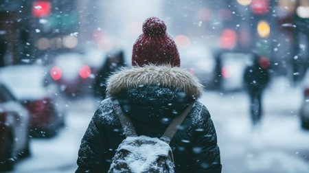 A person bundled up in winter clothes walking through a windy, snowy street, with an open background for text.の素材