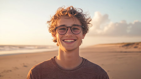 A person with a radiant smile at a beach, with ample space for text in the sky or sand.の素材