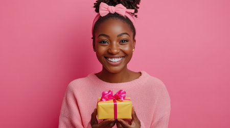 A person giving a bright smile while holding a gift, with a clean backdrop for text.の素材