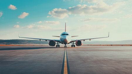 A passenger airplane taxiing on the runway with a clear horizon for text placement.の素材