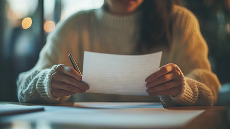 A person pondering over a blank document or report with ample space for copy in the background.の素材