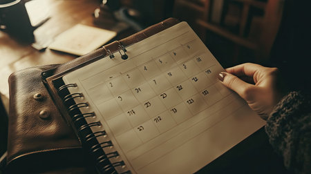 A person staring at a blank calendar or planner with ample background space for text.の素材