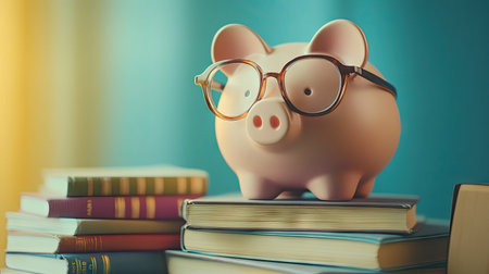 A piggy bank wearing glasses, sitting next to books, symbolizing smart saving, with space for copy.の素材
