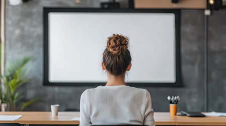 A person looking at a blank screen in a meeting room, with ample space for copy around them.の素材