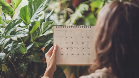 A person staring at a blank calendar or planner with ample background space for text.の素材