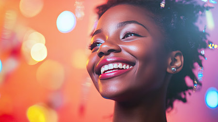 A person with a joyful smile at a celebration, with a clean backdrop for text placement.の素材