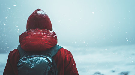 A person in winter attire braving the cold wind with a snowy landscape and plenty of space for text.の素材