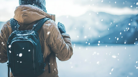 A person holding their coat tight against the cold wind with a snowy backdrop and ample space for text.の素材