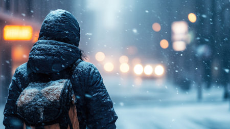 A person bundled up in winter clothes walking through a windy, snowy street, with an open background for text.の素材