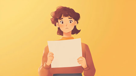 A person looking uncertain while staring at a blank document, with ample space around for text. -の素材