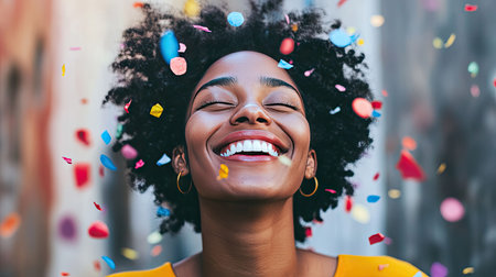 A person with a joyful smile at a celebration, with a clean backdrop for text placement.の素材
