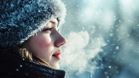 A person with red cheeks and a frosty breath, standing in a cold wind with a clear, empty background for text. -の素材