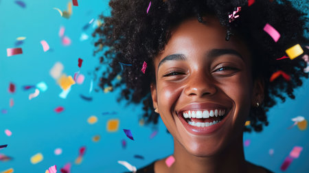 A person with a joyful smile at a celebration, with a clean backdrop for text placement.の素材