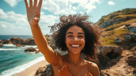 A person smiling and waving in a scenic outdoor location, with a clear background for copy.の素材