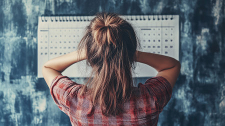 A person staring at an empty calendar, with plenty of background space for text.の素材