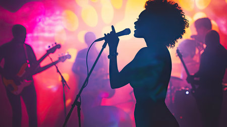 A solo singer in front of a group, with a background providing room for textの素材