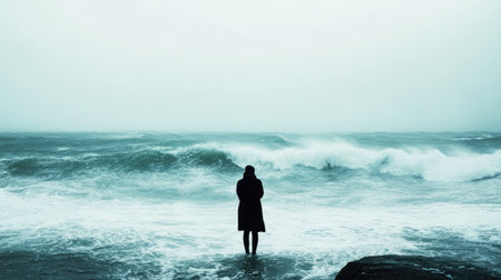 A person standing against a windy, cold sea with a clear horizon and room for text.の素材