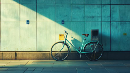A shared bike locked at a station, with copy space on a minimalist background of the street.の素材