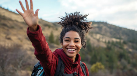 A person smiling and waving in a scenic outdoor location, with a clear background for copy.の素材
