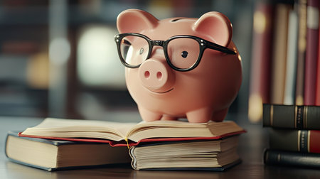 A piggy bank wearing glasses, sitting next to books, symbolizing smart saving, with space for copy.の素材