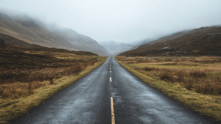 A solitary road disappearing into the distance with an open sky for text placement.の素材