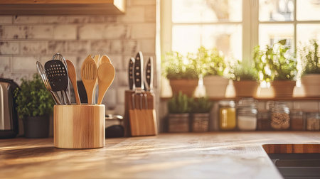 A set of cooking utensils arranged on a counter with a blank kitchen backdrop for text. -の素材