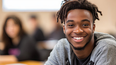 A smiling student in a classroom with a clean wall or desk providing space for copy.の素材